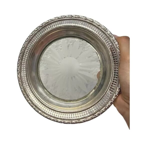 Vintage Frank Whiting Bottle Coaster Saucer Sterling Silver & Crystal Glass 6.5" - Picture 3 of 9